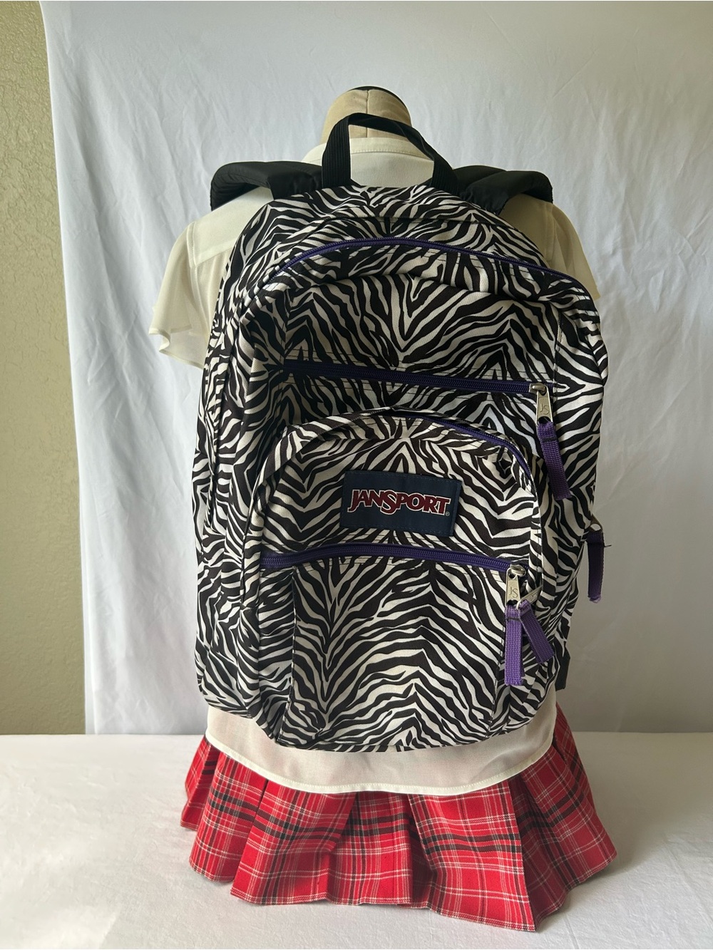JanSport Zebra Print Backpack in Black & White with Purple Accents